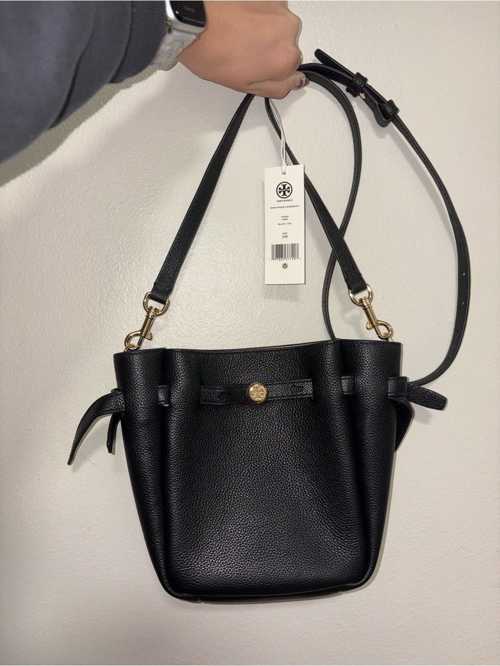 Tory Burch Black Pebbled Leather Mini Bucket Crossbody with Gold Hardware